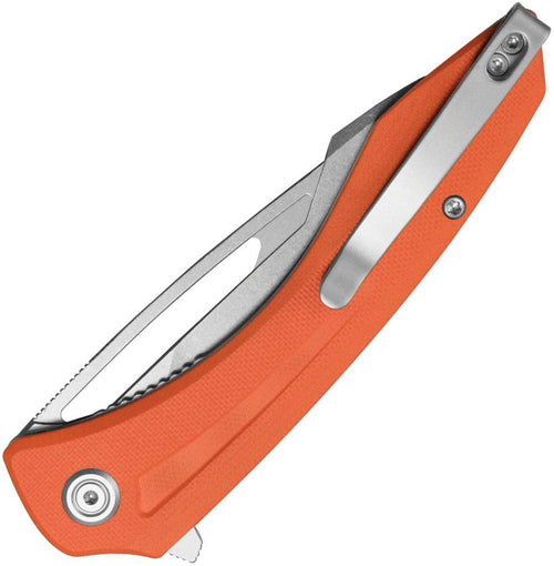Kubey Merced Linerlock folding knife with orange G10 handle and 14C28N stainless steel blade, closed.