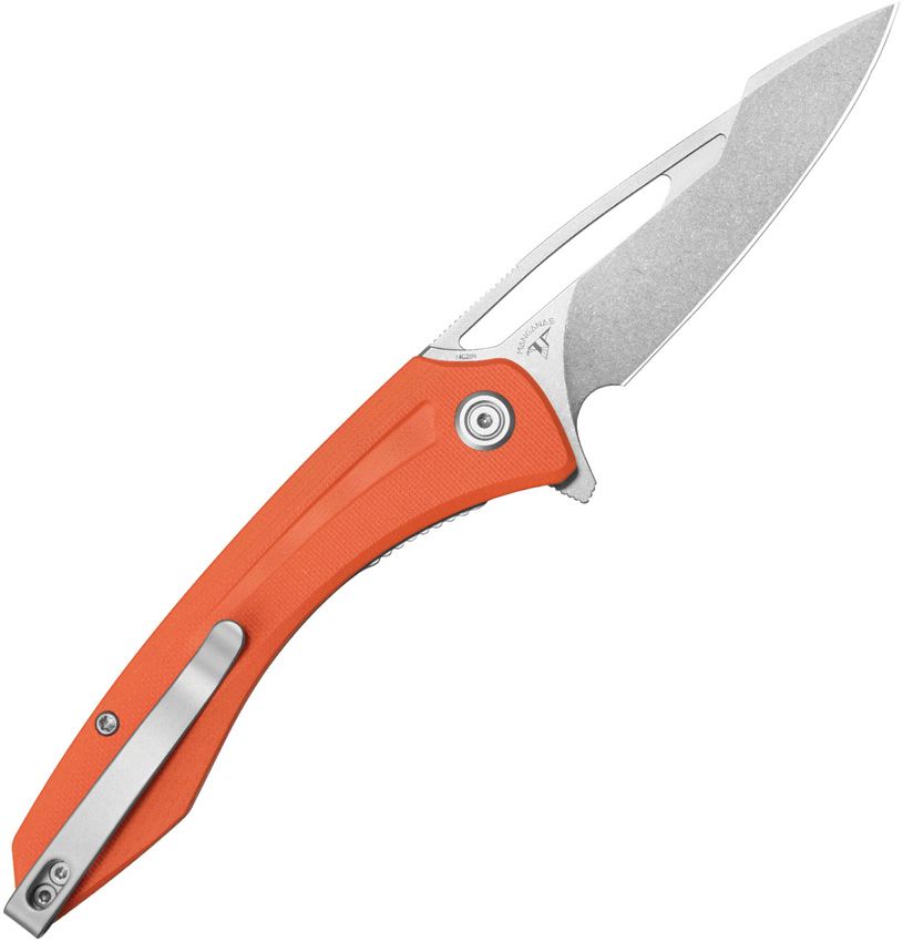 Kubey Merced Linerlock folding knife with orange G10 handle and 14C28N stainless steel blade, other side.