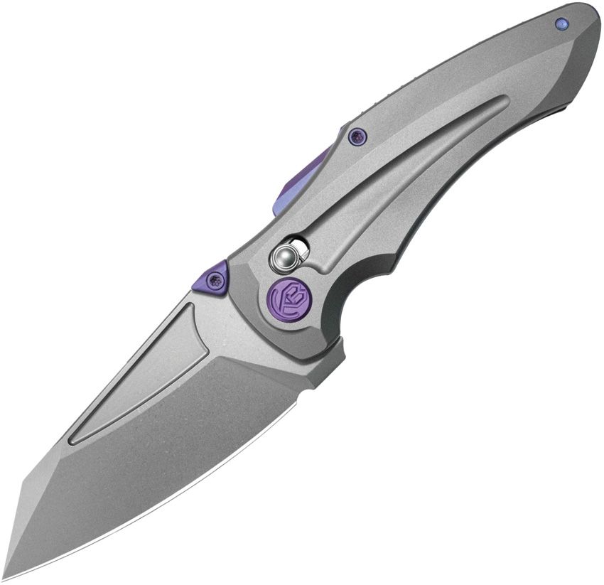 KUB400F: Kubey Sumo crossbar lock, gray sand blast titanium handle with purple accents, 3.13" stonewash M390 reverse tanto blade