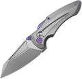 KUB400F: Kubey Sumo crossbar lock, gray sand blast titanium handle with purple accents, 3.13" stonewash M390 reverse tanto blade