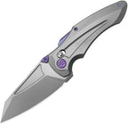 KUB400F: Kubey Sumo crossbar lock, gray sand blast titanium handle with purple accents, 3.13" stonewash M390 reverse tanto blade