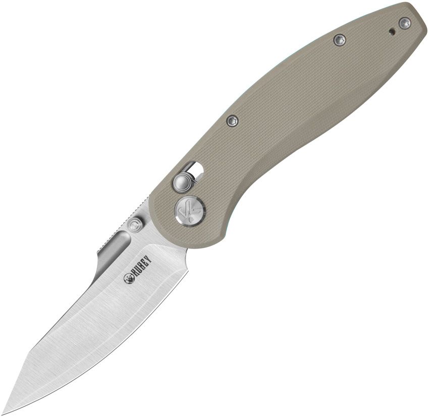 KUB422B: Kubey Minor crossbar lock, tan G10 handle, 3.13" satin San Mai M2 clip point blade