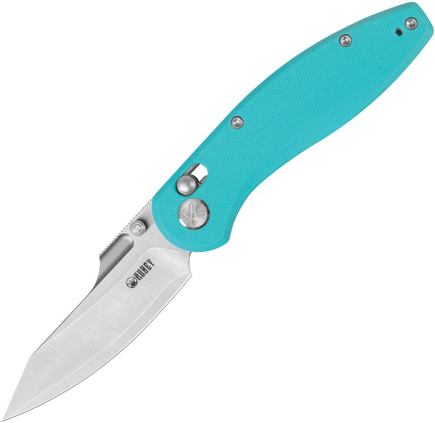 KUB422C: Kubey Minor crossbar lock, Tiffany blue G10 handle, 3.13" satin San Mai M2 clip point blade