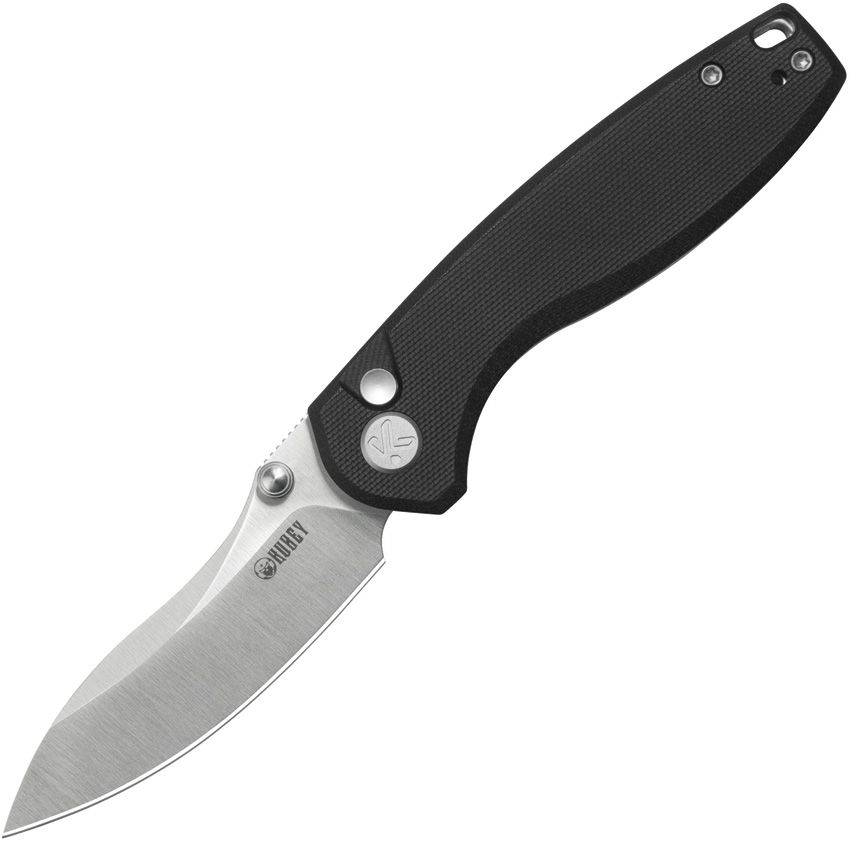 Kubey Pard button lock folding knife with satin 14C28N modified clip point blade and black G10 handle (KUB423A)