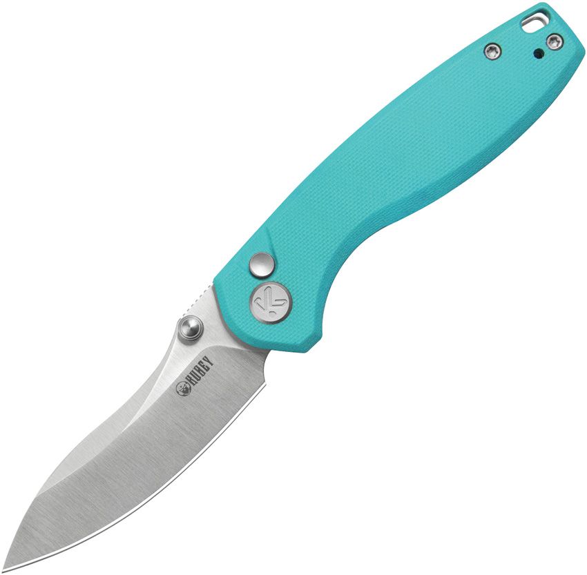 Kubey Pard button lock folding knife with satin 14C28N modified clip point blade and Tiffany blue G10 handle (KUB423B)