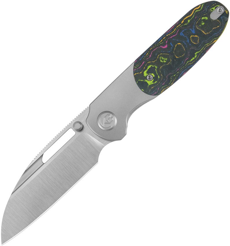 KUB432A: KB Knives Icicle framelock, gray titanium handle with 80's Camo carbon fiber inlay, 3.5" satin Elmax Wharncliffe blade