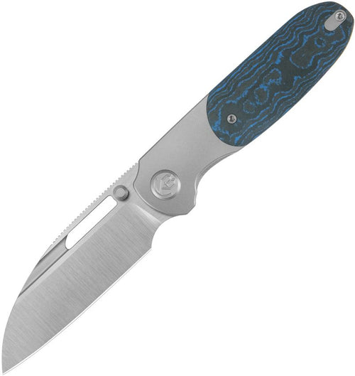 KUB432B: KB Knives Icicle framelock, gray titanium handle with electric blue carbon fiber inlay, 3.5" satin Elmax Wharncliffe blade