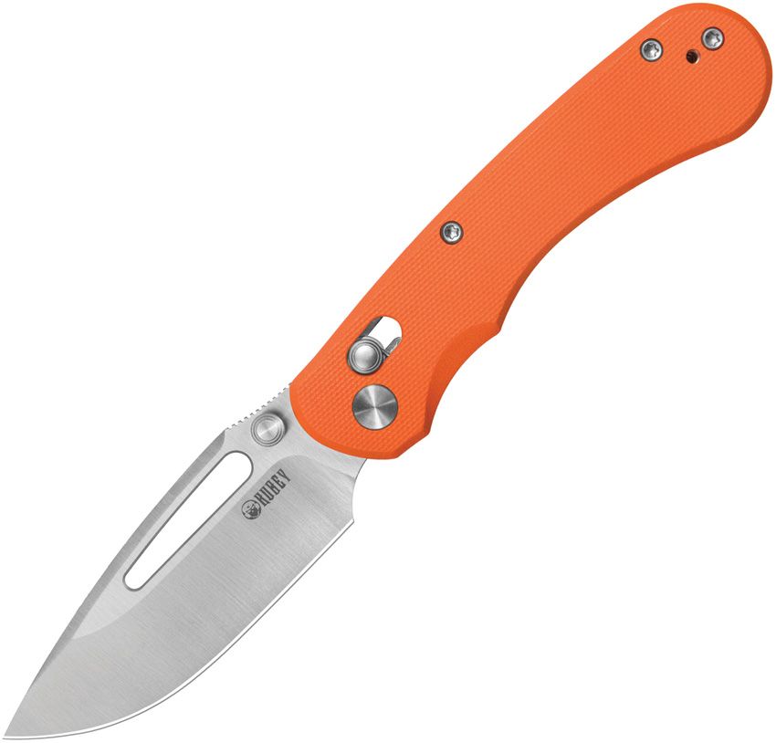 KUB504B: Kubey Stalker crossbar lock, orange G10 handle, 3.13" satin D2 blade