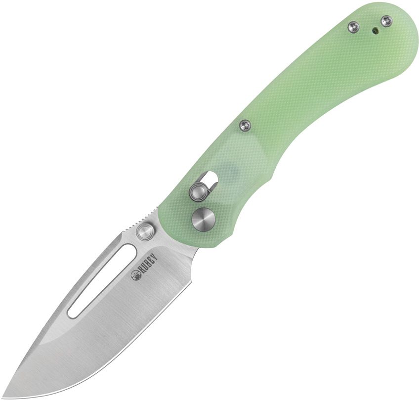 KUB504C: Kubey Stalker crossbar lock, jade green G10 handle, 3.13" satin D2 blade