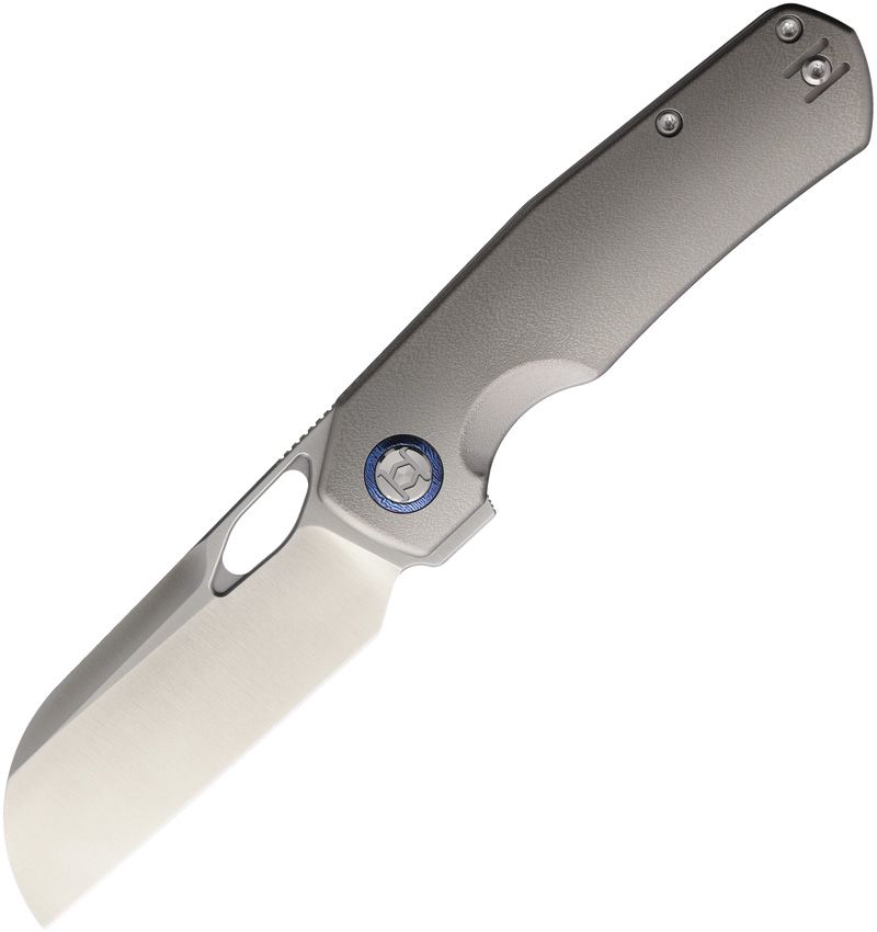 KUNS703LT2: Kunwu S-Tao II framelock, orange peel titanium handle, 3.5" satin Vanax sheepsfoot blade