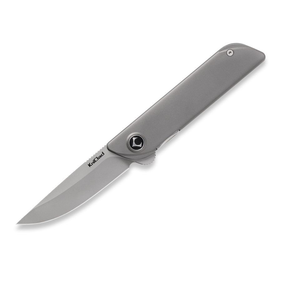 KCK0081: KniClad Folison linerlock, dark gray titanium handle, 3" 14C28N drop point blade with flipper