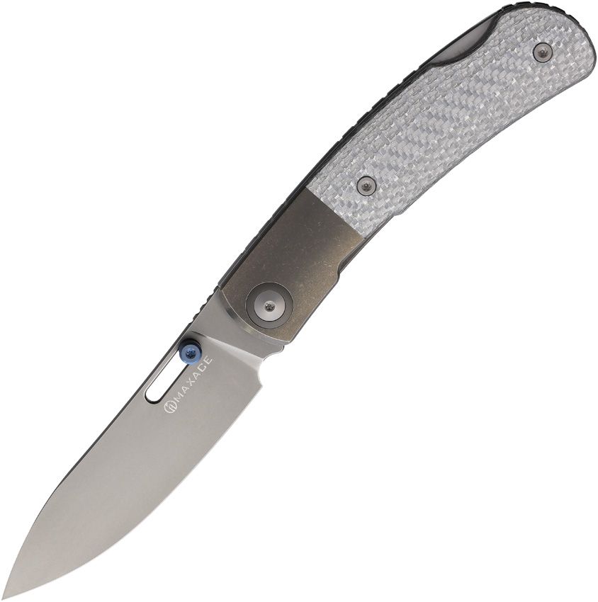 MAXMM361E: Maxace Beetle 2 lockback, silver carbon fiber handle with titanium bolsters, 3.5" stonewash M398 drop point blade