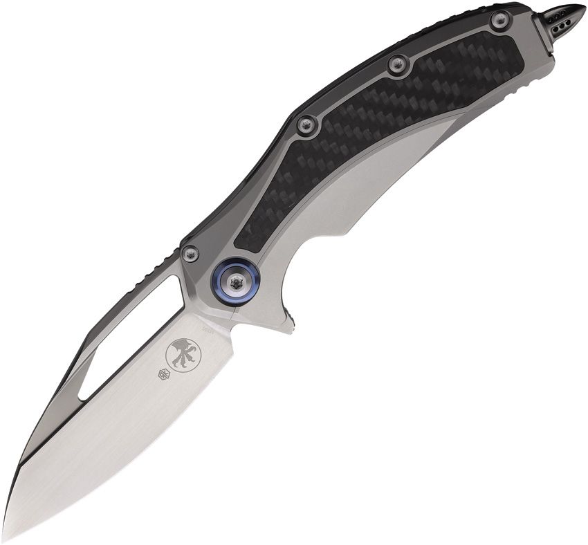 MCT165C4CFITI: Microtech Matrix framelock, gray titanium handle with carbon fiber inlay, 4" satin M390 blade