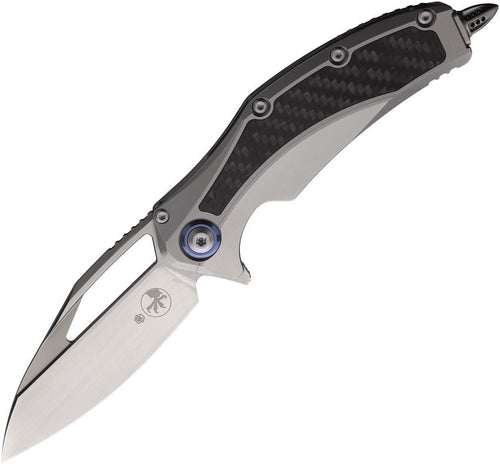 MCT165C4CFITI: Microtech Matrix framelock, gray titanium handle with carbon fiber inlay, 4" satin M390 blade