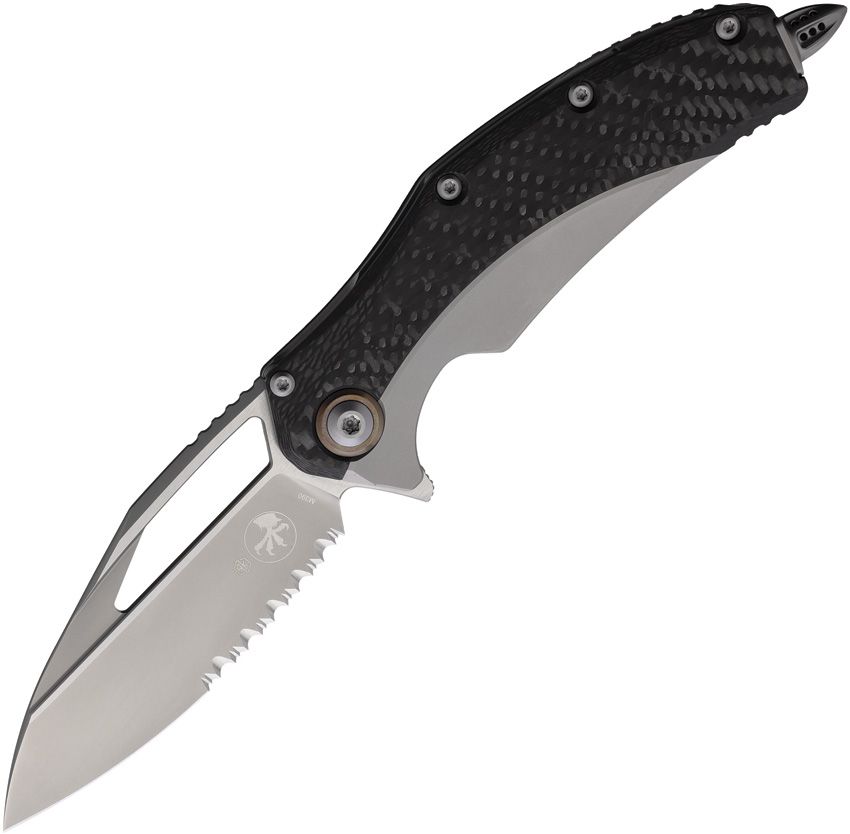 MCT165C8CFTI: Microtech Matrix framelock, gray titanium handle with carbon fiber inlay, 4" bead blast partially serrated M390 blade