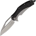 MCT165C9CFTI: Microtech Matrix framelock, gray titanium handle with carbon fiber inlay, 4" bead blast fully serrated M390 blade