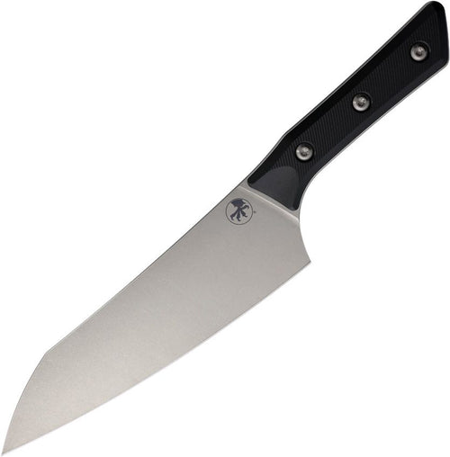 Microtech Chef's Knife SW with satin blade and black handle, angled view.
