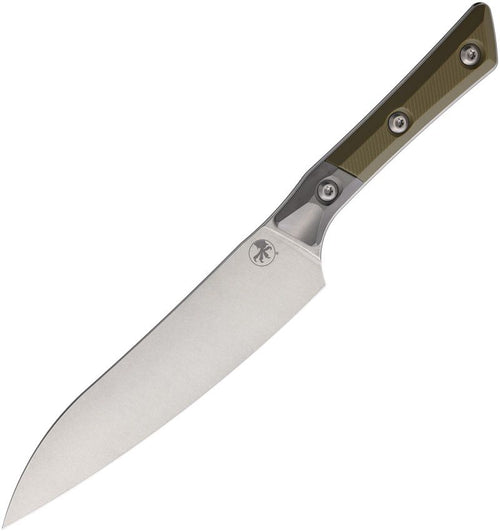 Microtech Utility Knife SW OD with satin blade and OD green handle, angled view.