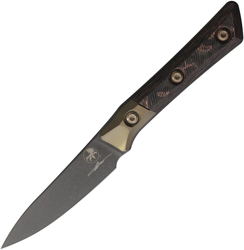 MCT3500B1DLCLWC: Microtech Paring Knife, Livewire carbon fiber and bronze titanium handle, 3.5" black DLC M390MK blade