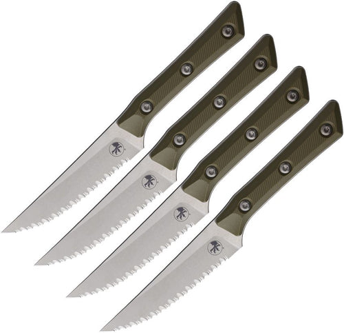 MCT3600B12SETBK: Microtech Steak Knife Set, 4 black G10 knives with titanium bolsters and serrated M390MK blades