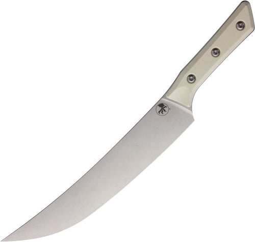 Microtech Butcher Knife 10" SW with satin blade and ivory handle, angled view.