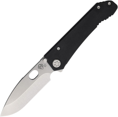 MD002DTQ08TM: Medford 187 DP framelock, black G10 and tumbled titanium handle, 4.25" tumbled D2 drop point blade
