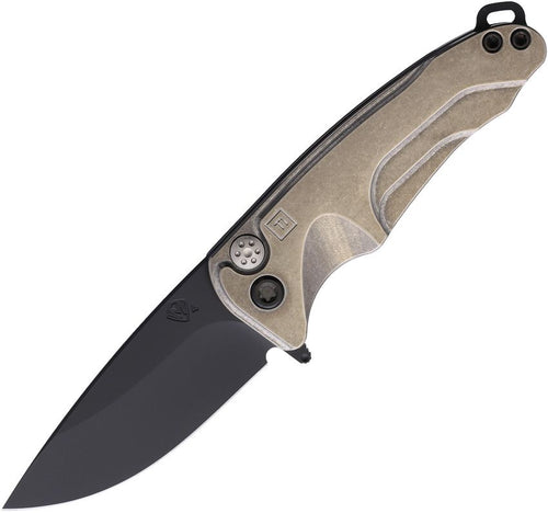 MDT394PQ01TM: Medford Smooth Criminal button lock, tumbled titanium handle, 3" black DLC S45VN drop point blade