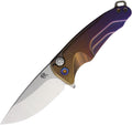 MDT394TQ39A5: Medford Smooth Criminal button lock, bronze and violet fade titanium handle, 3" tumbled S45VN drop point blade