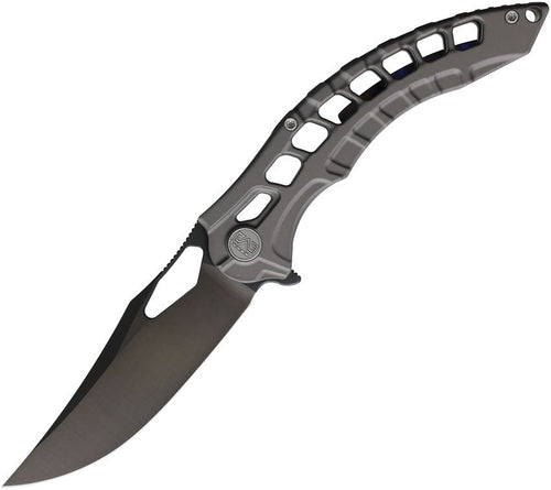 Miguron Geloty framelock folding knife with black satin Vanax blade and gray skeletonized titanium handle (MGR632TMDG)
