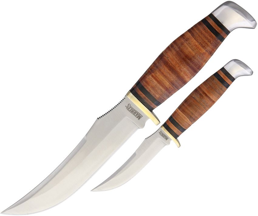 MR398: Marbles Hunting Set, stacked leather handles, satin stainless small hunter and skinner blades