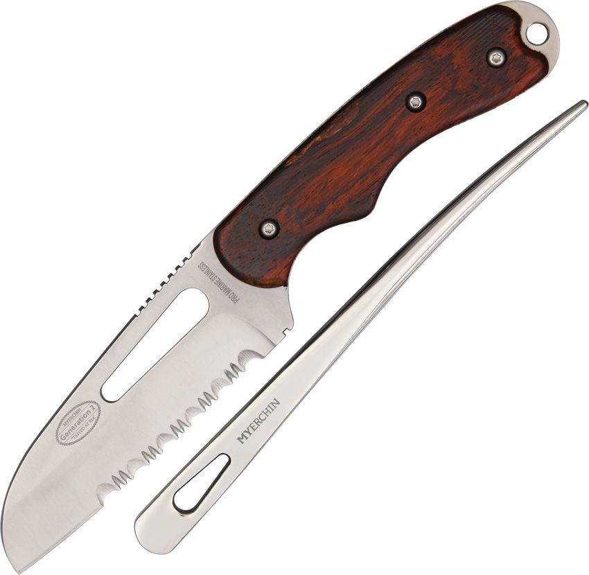 MYW100P: Myerchin Generation 2 Pro rigging knife, cocobolo wood handle, 4" serrated ProMarine sheepsfoot blade, marlin spike