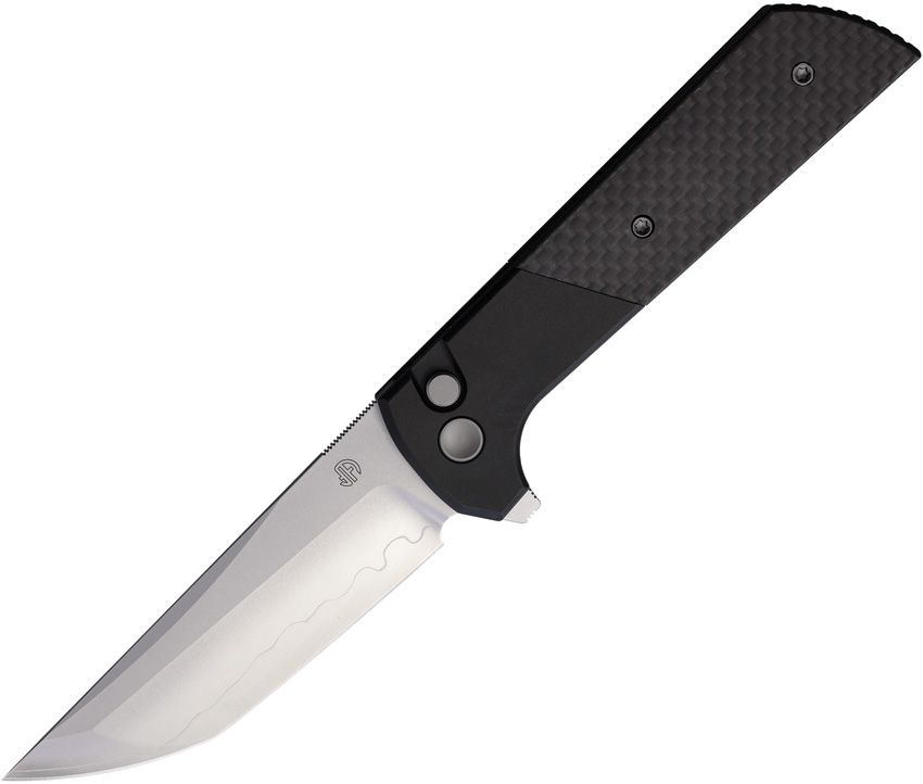 NMB2407CF: North Mountain Blade Chop 2 button lock, carbon fiber handle with aluminum bolsters, 3.5" SLD-Magic San Mai tanto blade