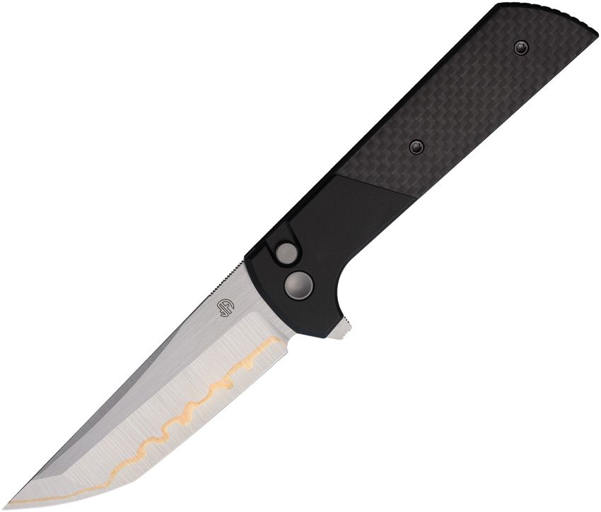 NMB2407CF5: North Mountain Blade Chop 2 button lock, carbon fiber handle with aluminum bolsters, 3.5" copper vein San Mai tanto blade