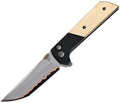 NMB2407CUDM5: North Mountain Blade Chop 2 button lock, black aluminum handle with copper Damascus inlay, 3.5" copper vein San Mai tanto blade