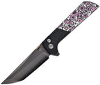North Mountain Blade Chop 2 button lock folding knife with black DLC tanto blade and pink glow CF inlay (NMB2407GCFPD)