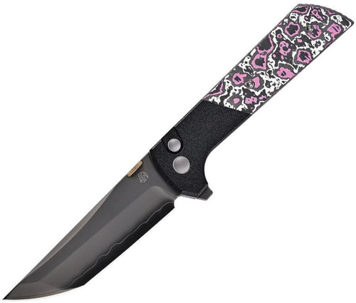 North Mountain Blade Chop 2 button lock folding knife with black DLC tanto blade and pink glow CF inlay (NMB2407GCFPD)