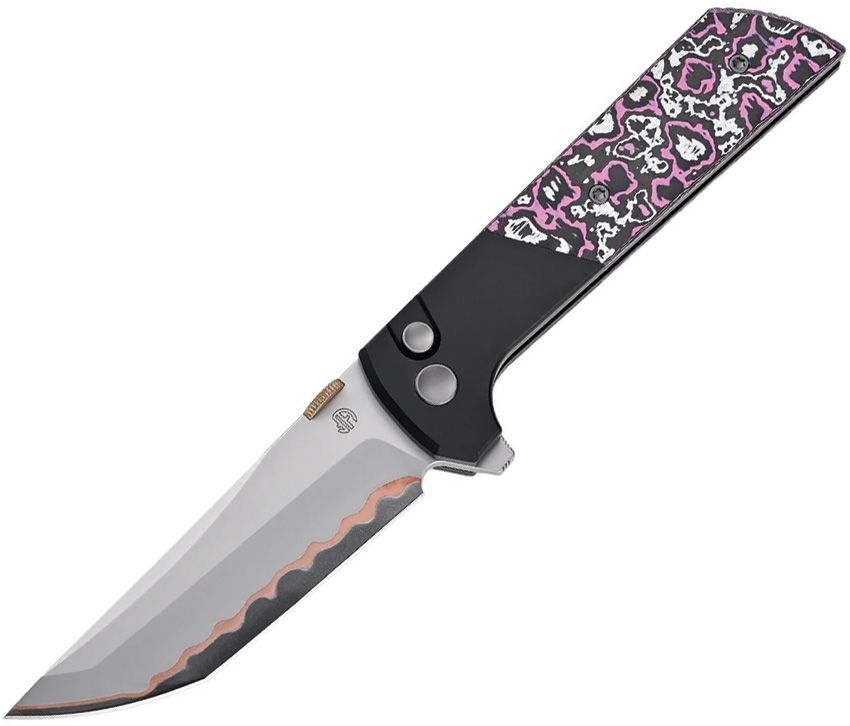 NMB2407GCFPK: North Mountain Blade Chop 2 button lock, pink carbon fiber inlay handle, 3.5" San Mai blade