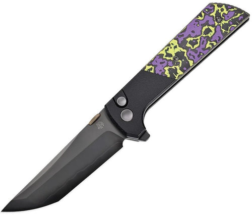 North Mountain Blade Chop 2 button lock folding knife with black DLC tanto blade and purple glow CF inlay (NMB2407PRCFD)