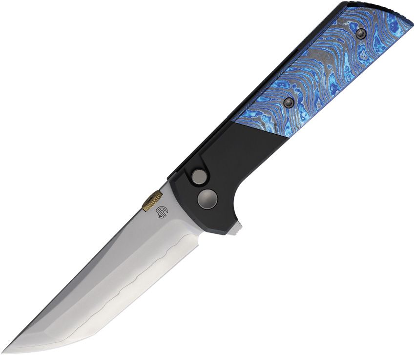 NMB2407ZRDM: North Mountain Blade Chop 2 button lock, zirconium Damascus and titanium handle, 3.5" San Mai tanto blade