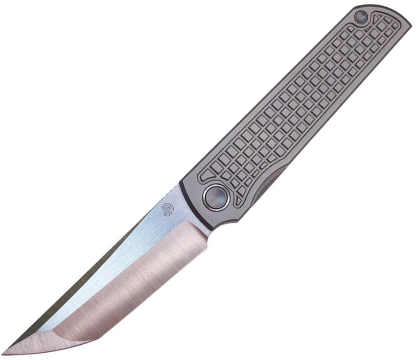 NMB2410CM390: North Mountain Blade Chop framelock, waffle-grid gray titanium handle, 3.25" satin M390 blade