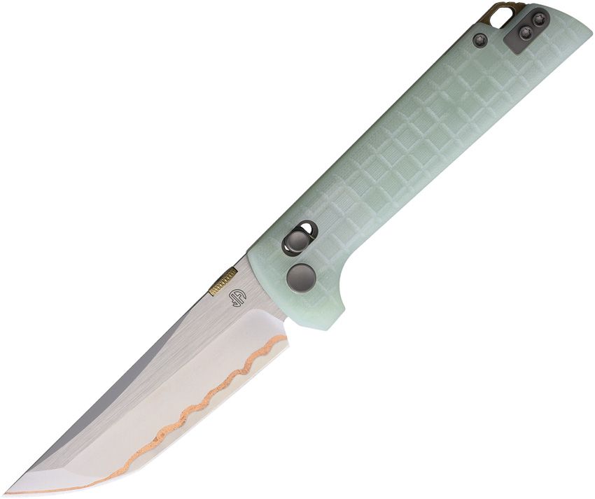 NMB2418JDG5: North Mountain Blade Chop 2 crossbar lock, jade frag pattern G10 handle, 3.5" forged copper-clad tanto blade