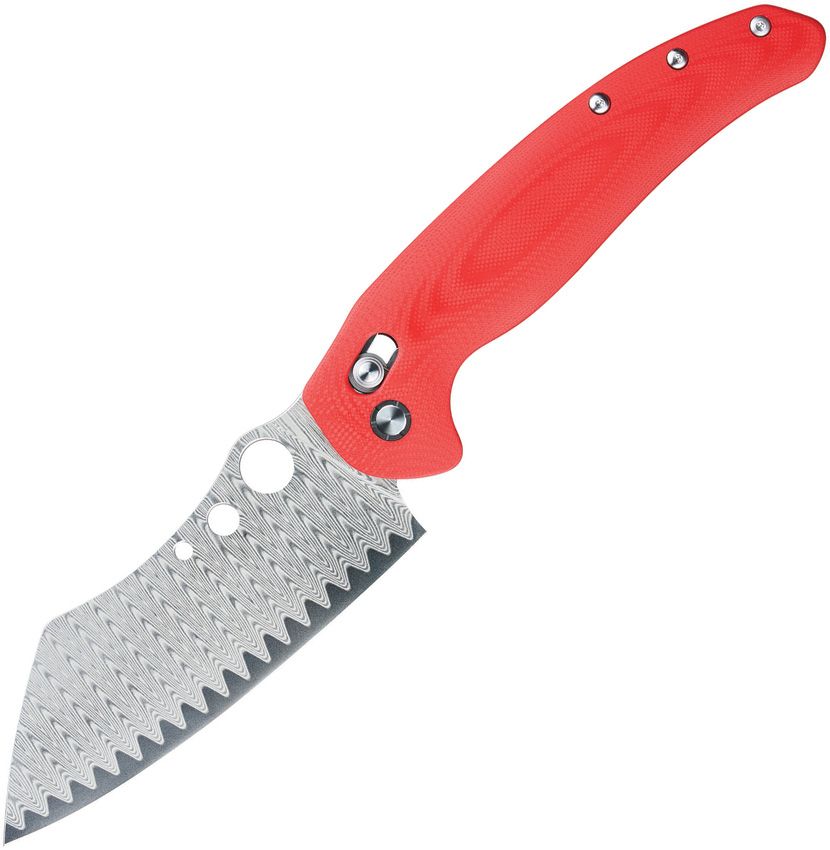 OKNSENTRYR1RED: Oknife Sentry R1 crossbar lock, red micarta handle, 4.63" Damascus sheepsfoot blade