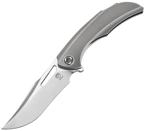 PKBARMDS1: Poikilo Blade Armadillo framelock, gray titanium handle, 3.5" pearlescent stonewash M398 recurve blade