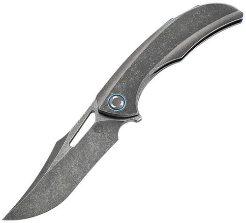 PKBARMDS2: Poikilo Blade Armadillo framelock, dark stonewash titanium handle, 3.5" gray stonewash M398 recurve blade