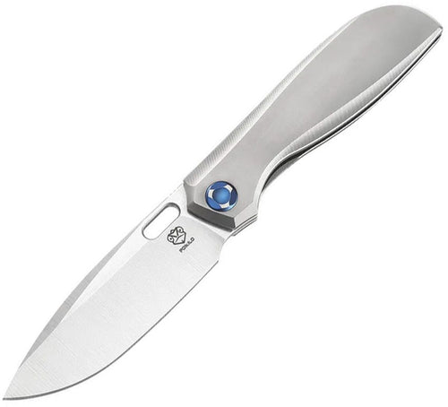 PKBGECKOS1V1: Poikilo Blade Gecko framelock, gray titanium handle, 3.25" pearlescent stonewash M398 drop point blade