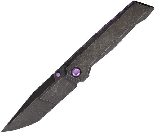 PKBSLVTRS2: Poikilo Blade Salvator framelock, black stonewash titanium handle with purple accents, 3.9" black stonewash M398 tanto blade