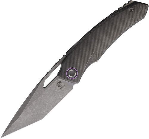 PKBTEROS2: Poikilo Blade Tero linerlock, black stonewash titanium handle with purple accents, 3.38" black stonewash M398 tanto blade