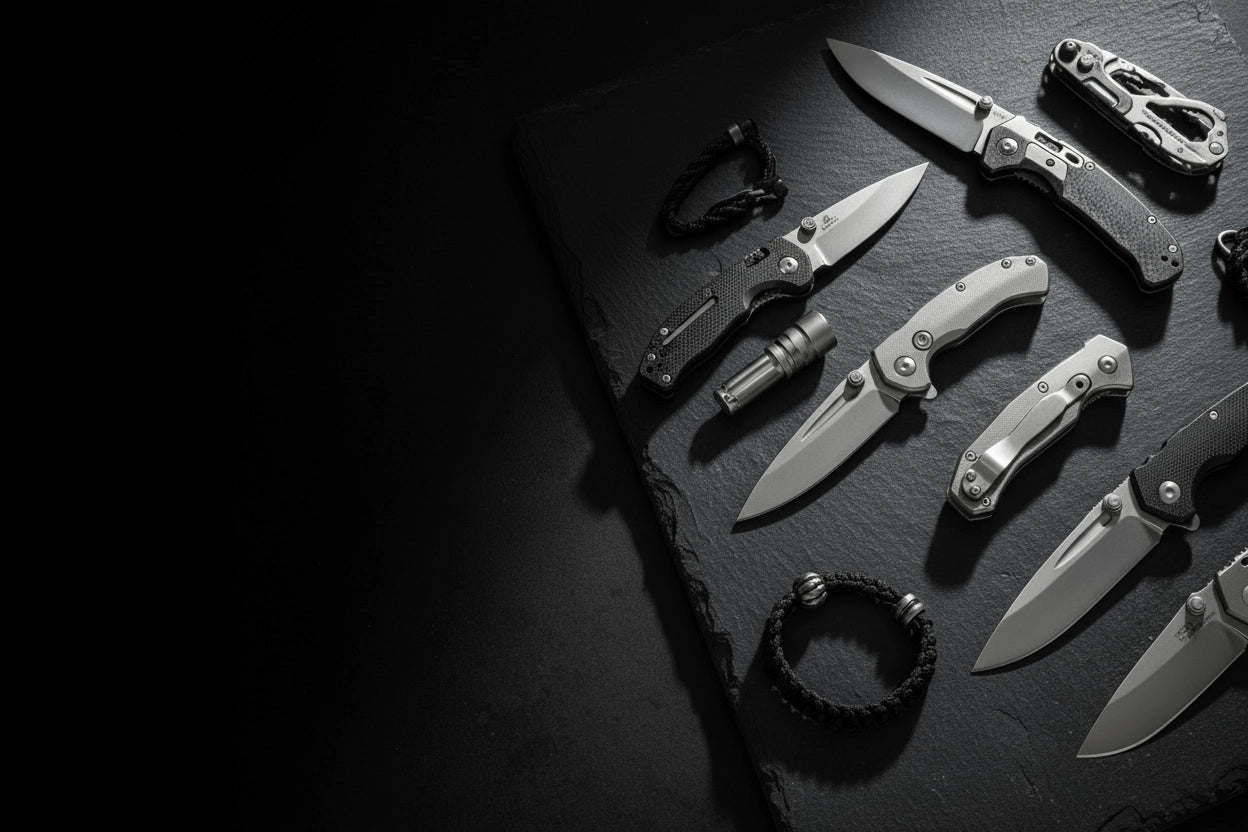 Multiple premium EDC folding knives displayed on dark stone surface — KnivesKnife store