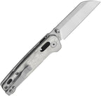 QSP Penguin Glyde Lock folding knife with satin blade and gray aluminum handle, open position.