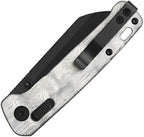 QSP Penguin Glyde Lock folding knife with foil aluminum handle and black blade, displayed open at angle.